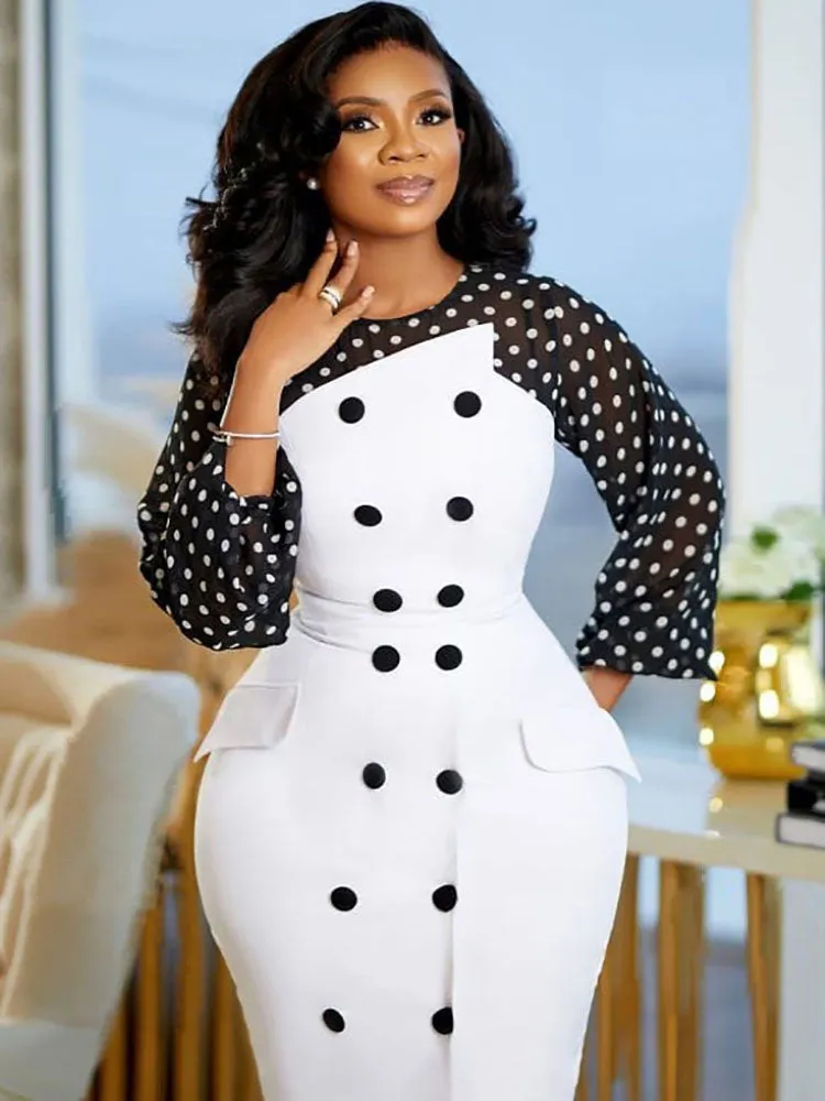 Mesh Sleeves Polka Dot Midi Dresses