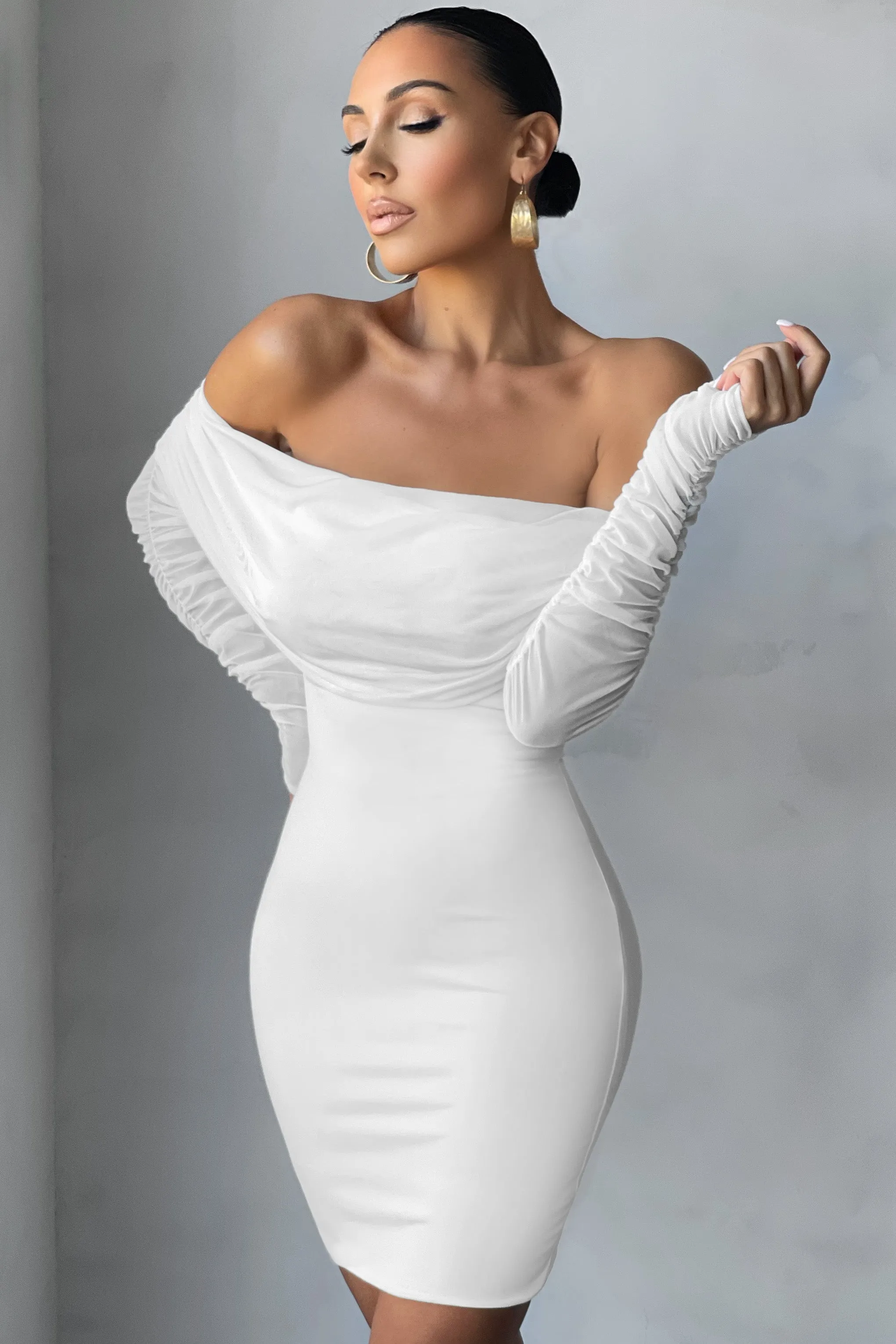 Minnie | White Ruched Mesh Bardot Bodycon Mini Dress