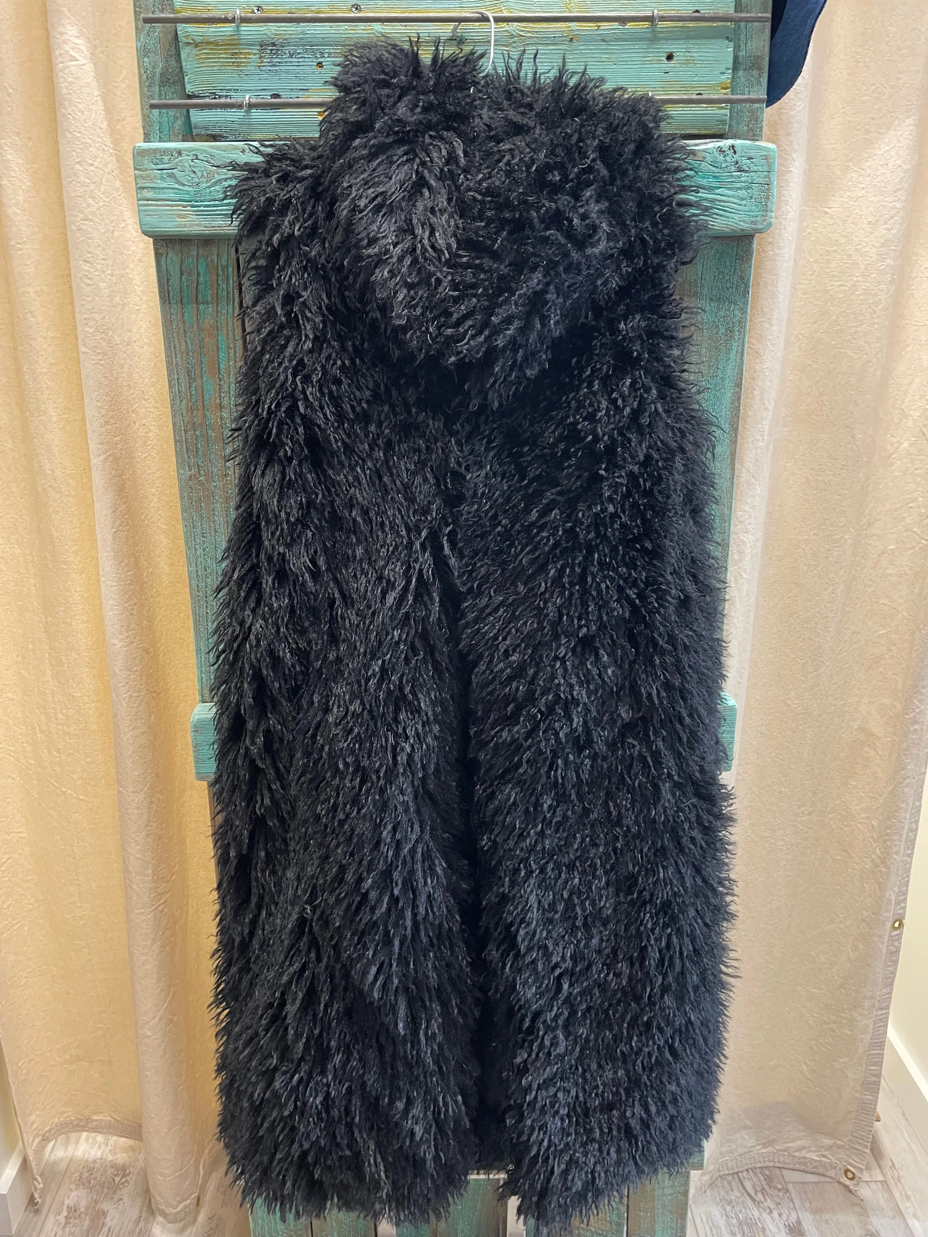 Mongolian Fur Long Vest in Black