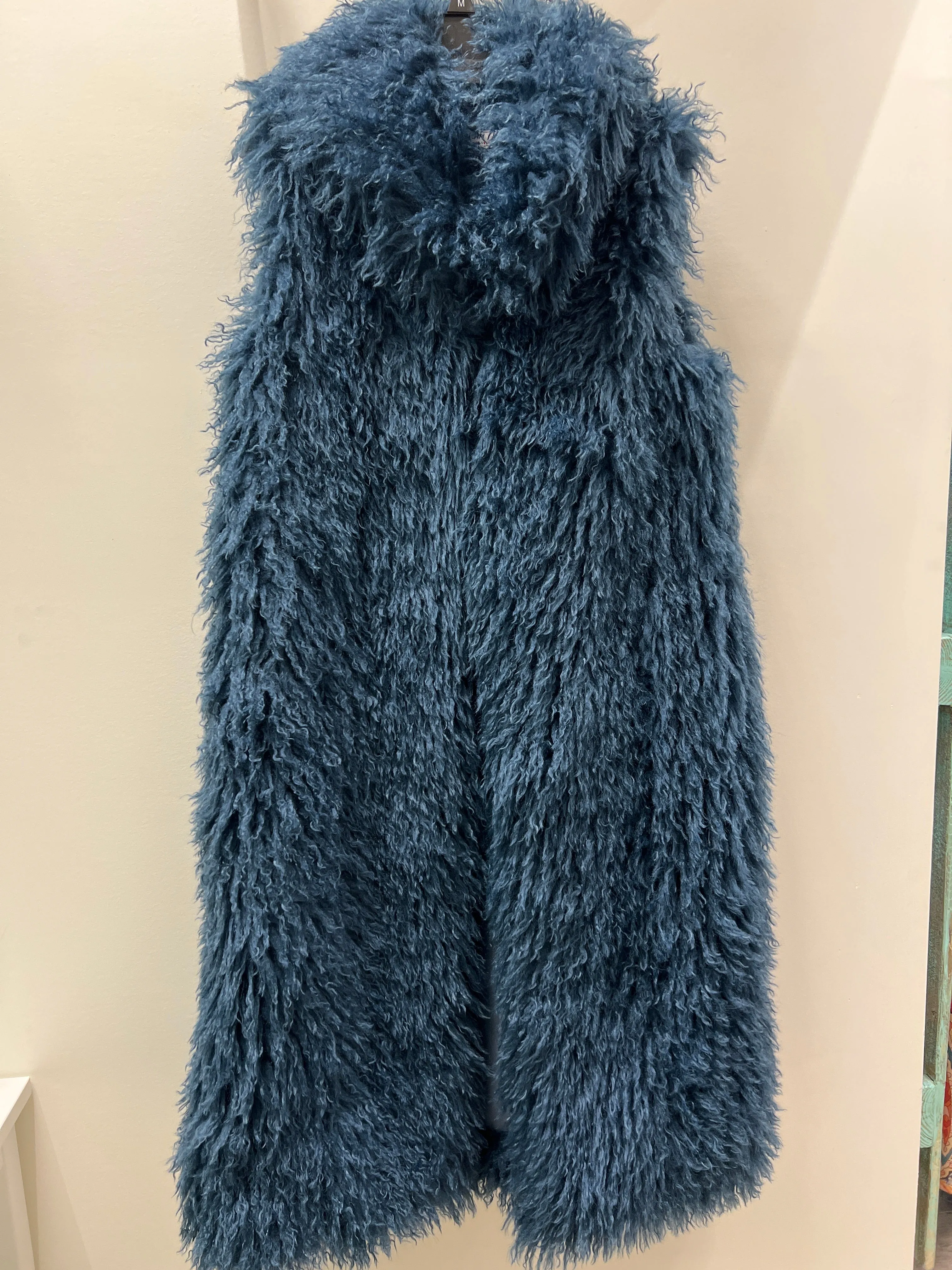 Mongolian Fur Long Vest in Denim Blue