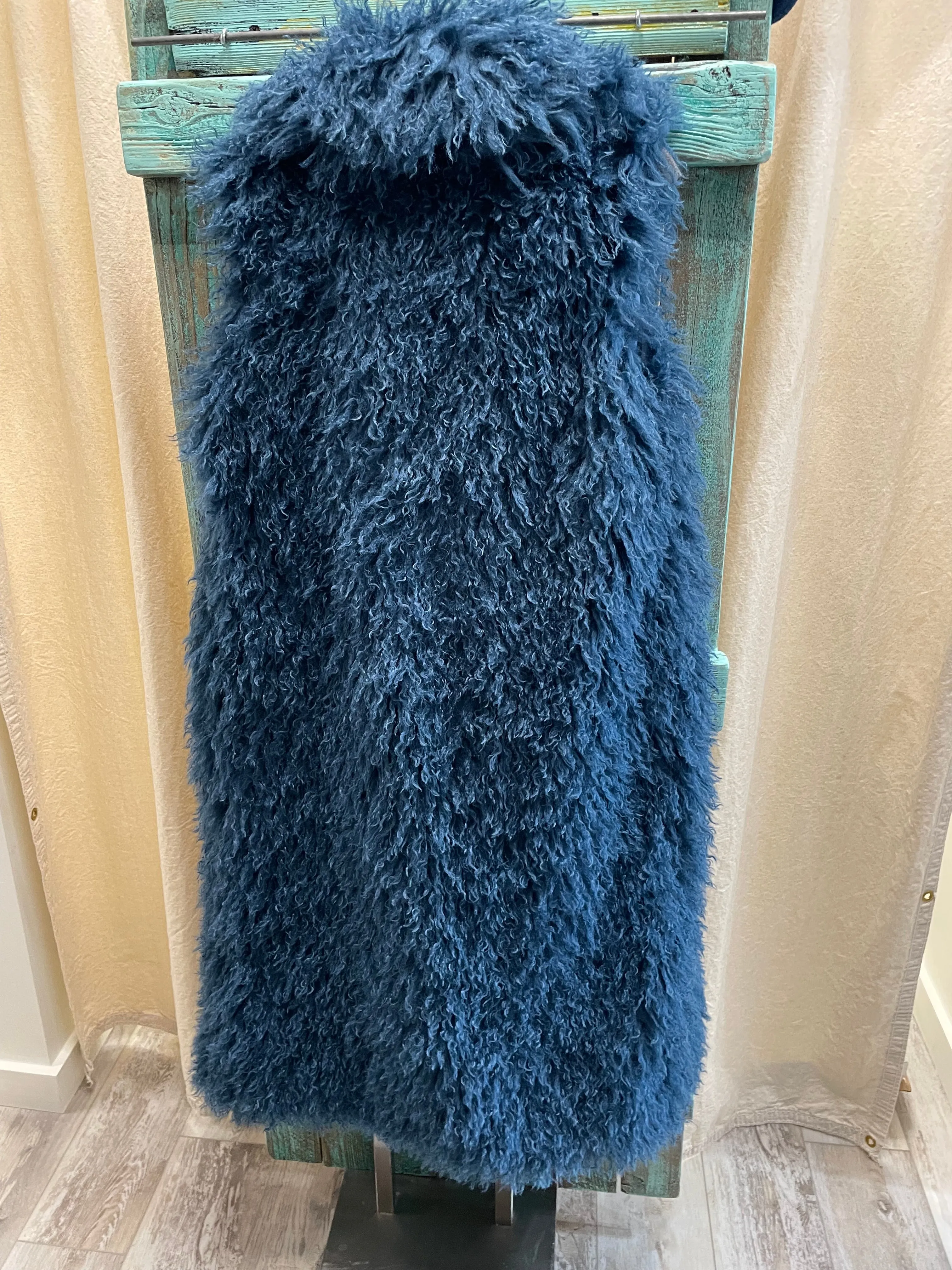 Mongolian Fur Long Vest in Denim Blue