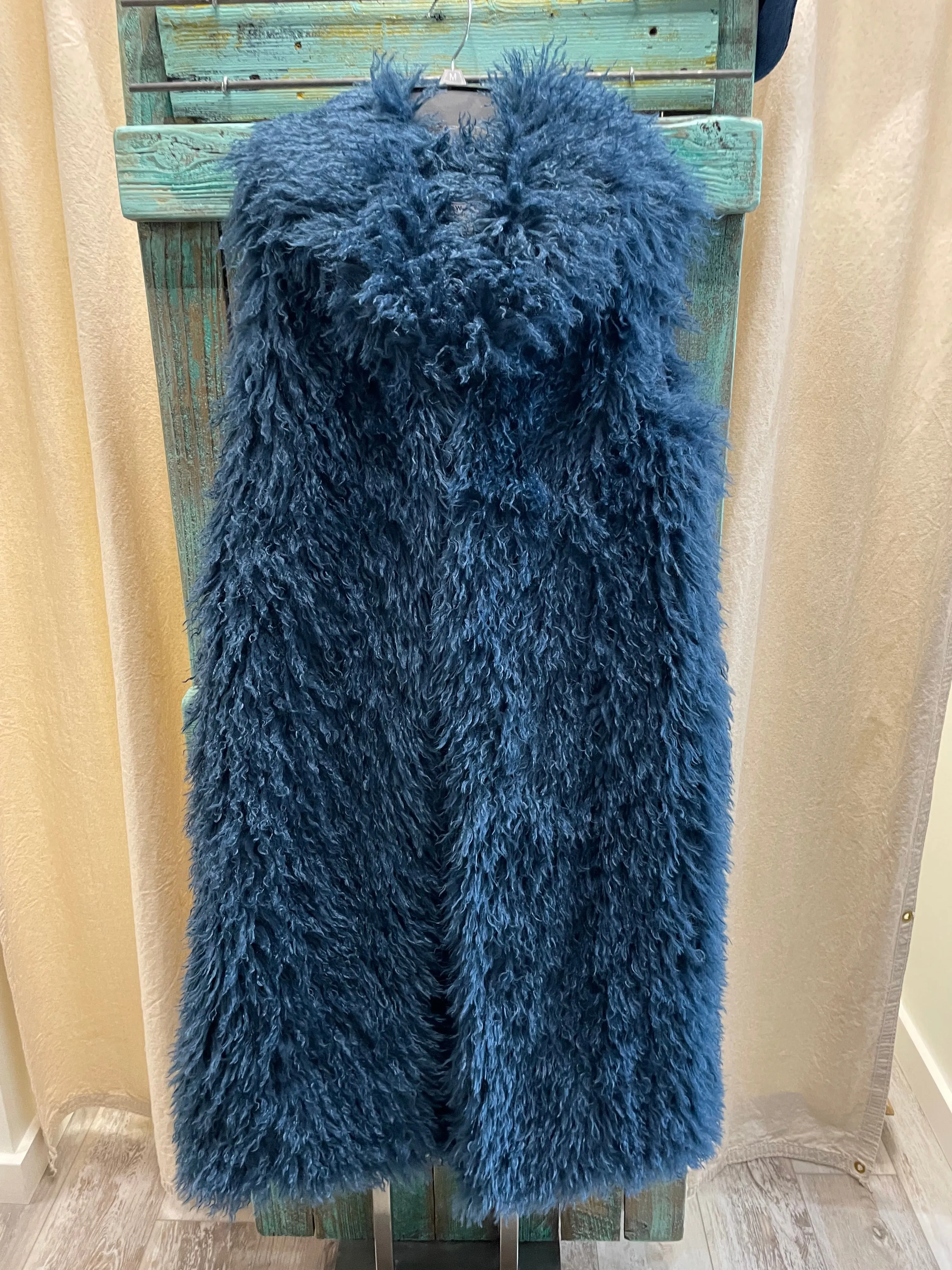 Mongolian Fur Long Vest in Denim Blue