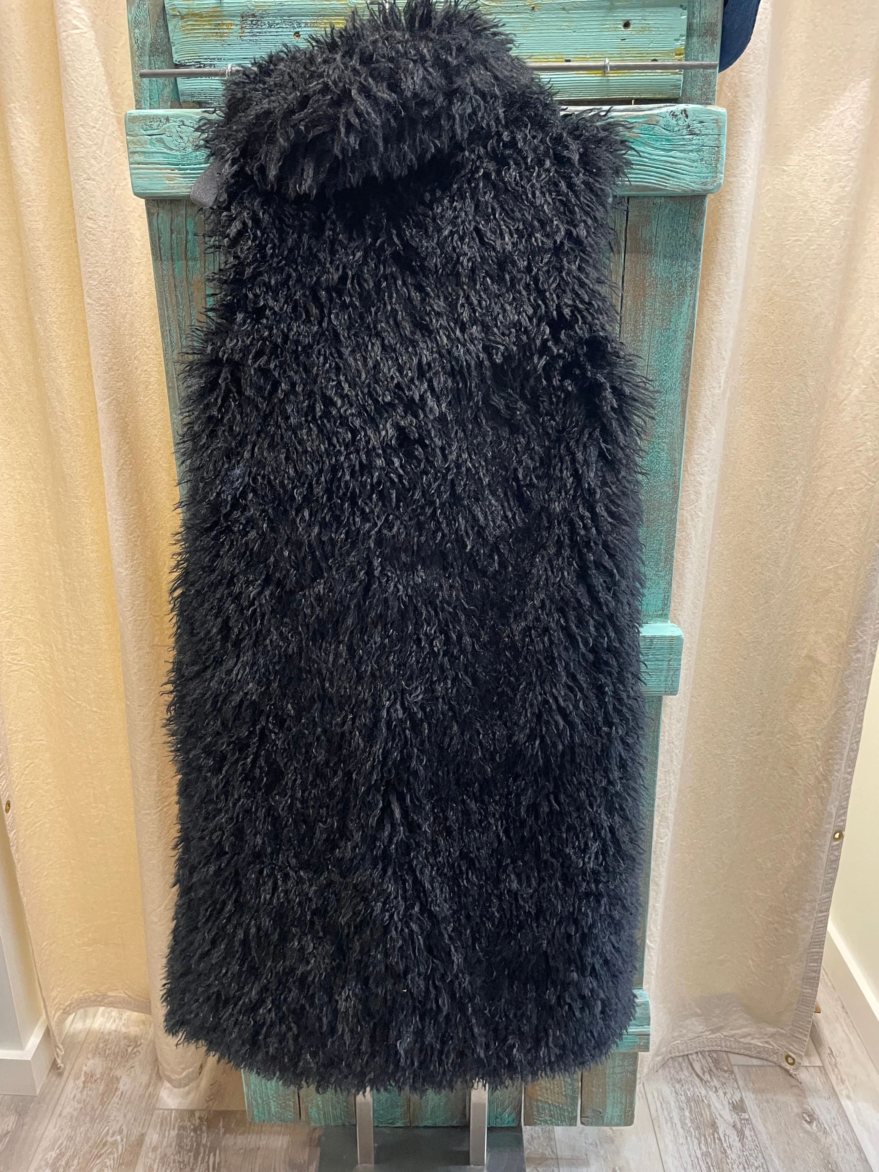 Mongolian Fur Long Vest in Denim Blue