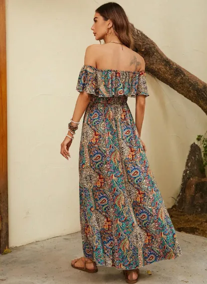 Multi Colour Boho Off Shoulder Ruffle Maxi Dress