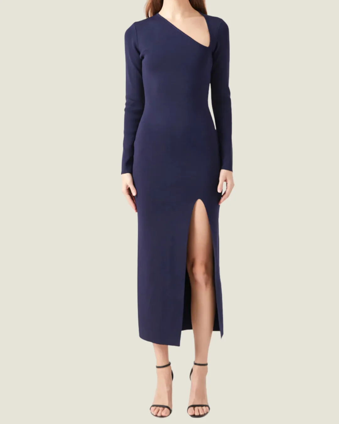 Navy Asymmetric Cut Long Sleeve Maxi Dress