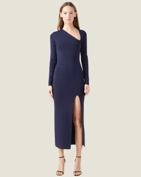 Navy Asymmetric Cut Long Sleeve Maxi Dress