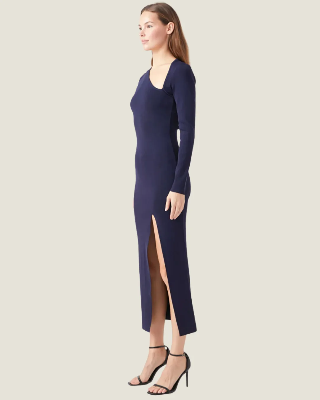 Navy Asymmetric Cut Long Sleeve Maxi Dress