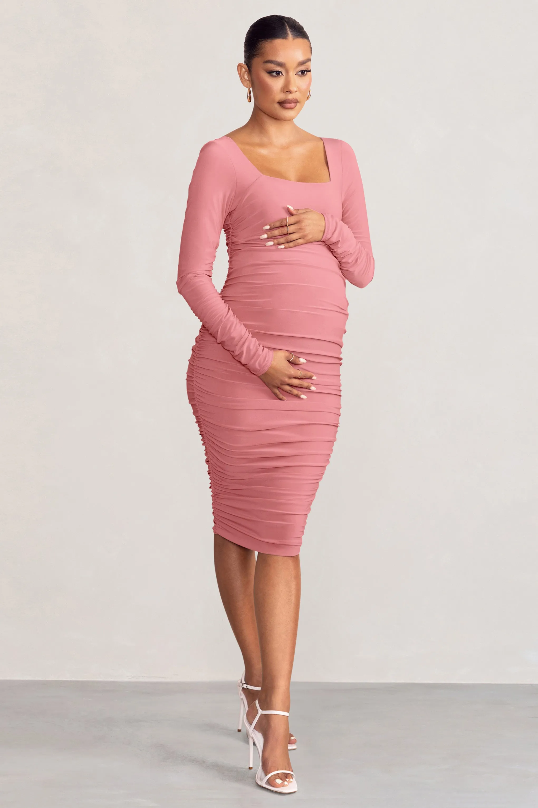 New Life | Pink Maternity Square Neck Ruched Midi Dress