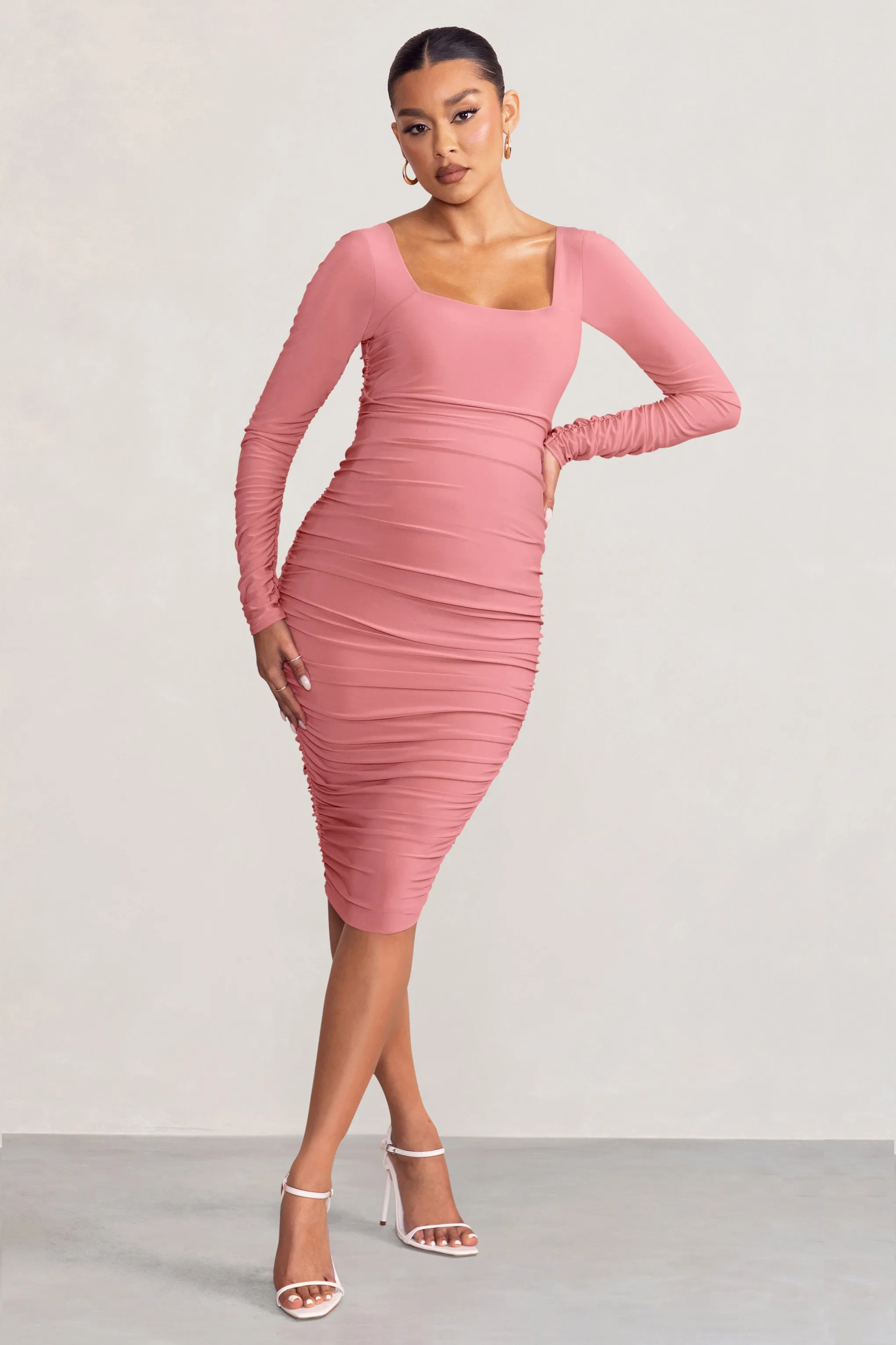 New Life | Pink Maternity Square Neck Ruched Midi Dress