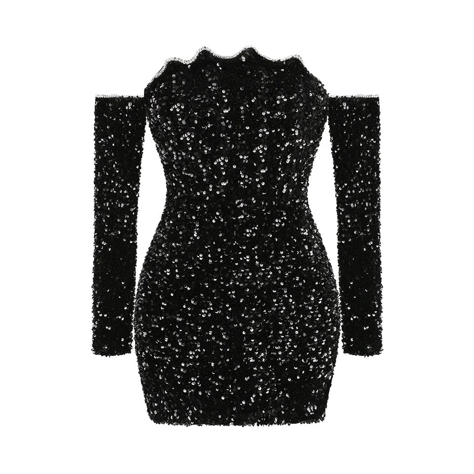 Off-Shoulder Backless Sequined Mini Dress