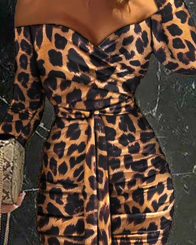 Off Shoulder Ruched Design Belted Leopard Bodycon Dress