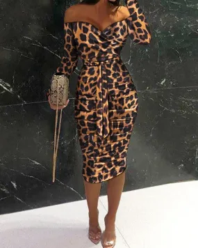 Off Shoulder Ruched Design Belted Leopard Bodycon Dress