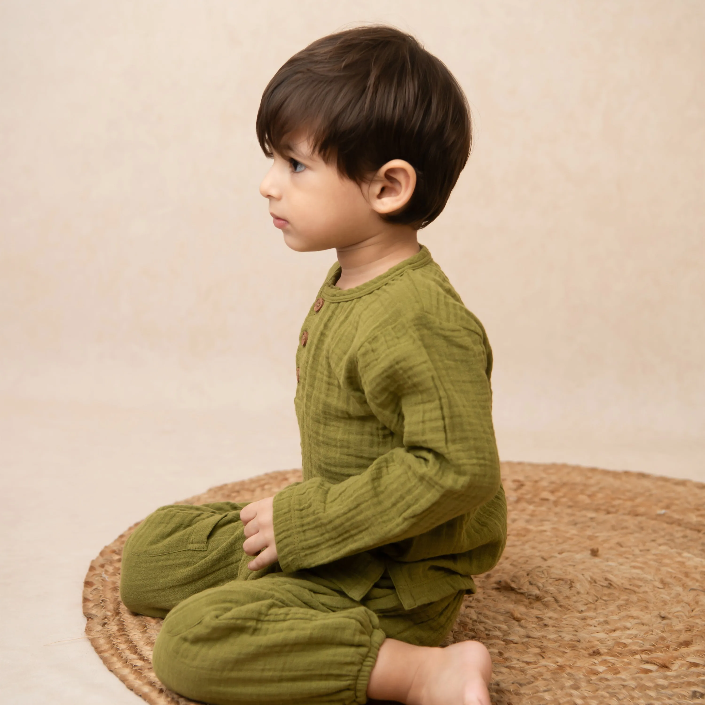 Olive Organic Muslin Long Sleeve Henley Tshirt With Lounge Pant Set