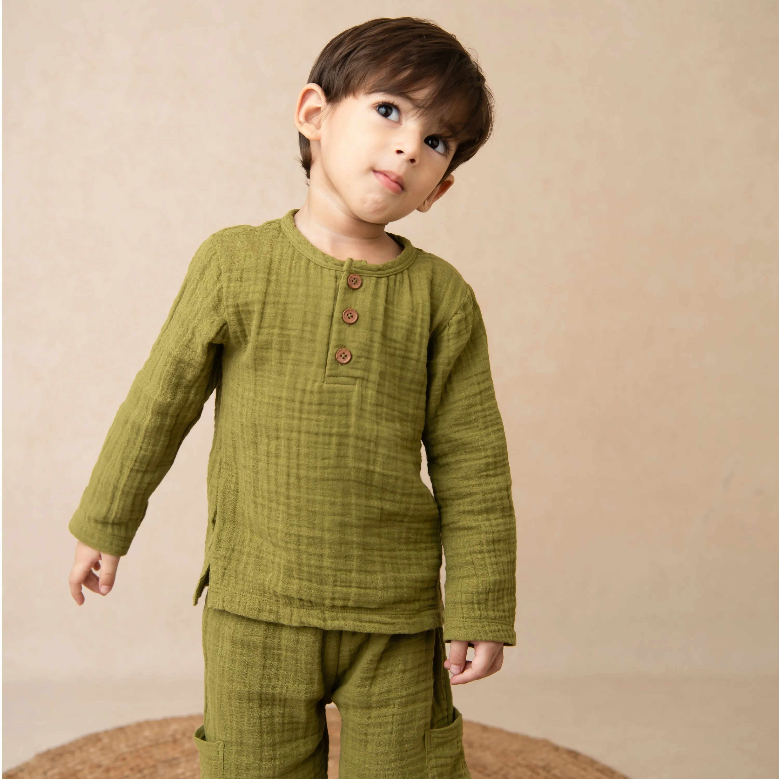 Olive Organic Muslin Long Sleeve Henley Tshirt With Lounge Pant Set