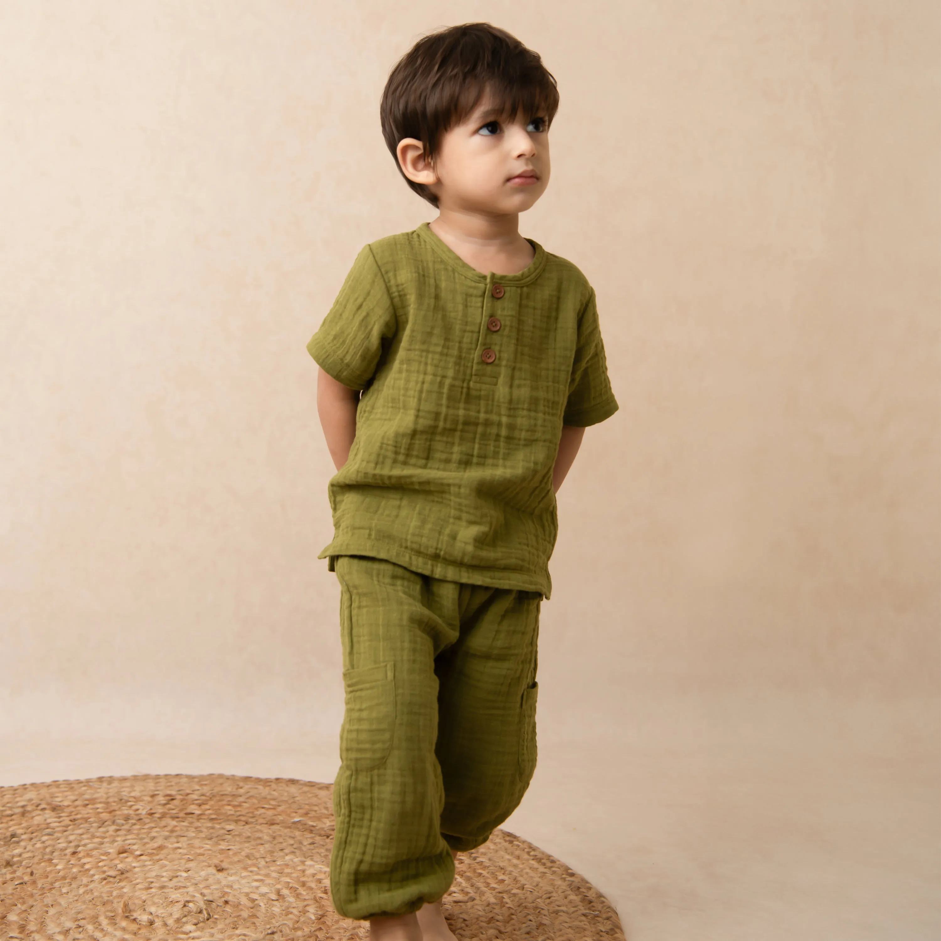 Olive Organic Muslin Long Sleeve Henley Tshirt With Lounge Pant Set