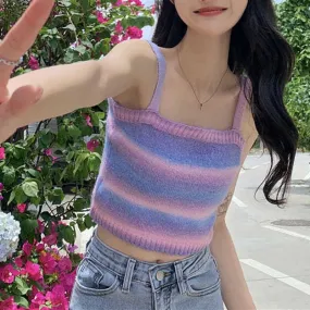 Ombre Knitted Tank Sweater Color Block Stripe Knit Sleeveless Summer Tops