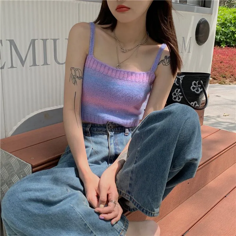 Ombre Knitted Tank Sweater Color Block Stripe Knit Sleeveless Summer Tops