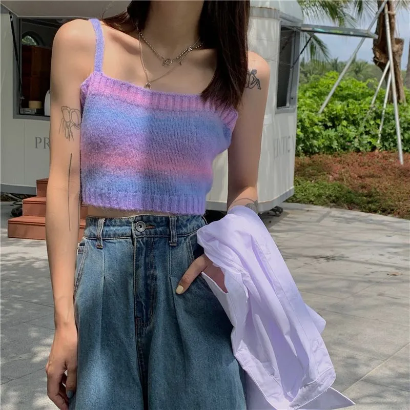 Ombre Knitted Tank Sweater Color Block Stripe Knit Sleeveless Summer Tops