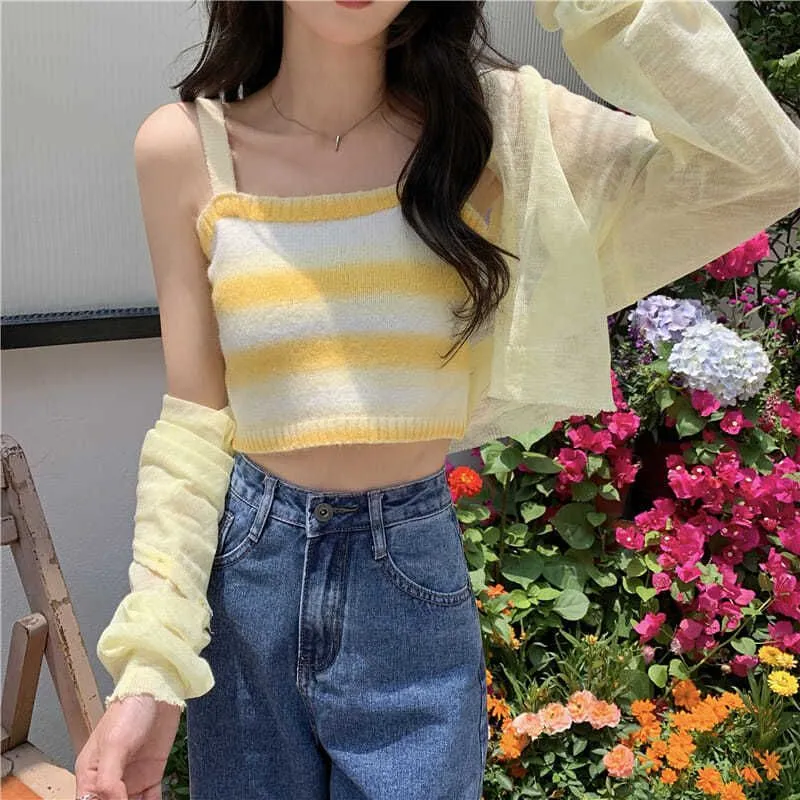 Ombre Knitted Tank Sweater Color Block Stripe Knit Sleeveless Summer Tops