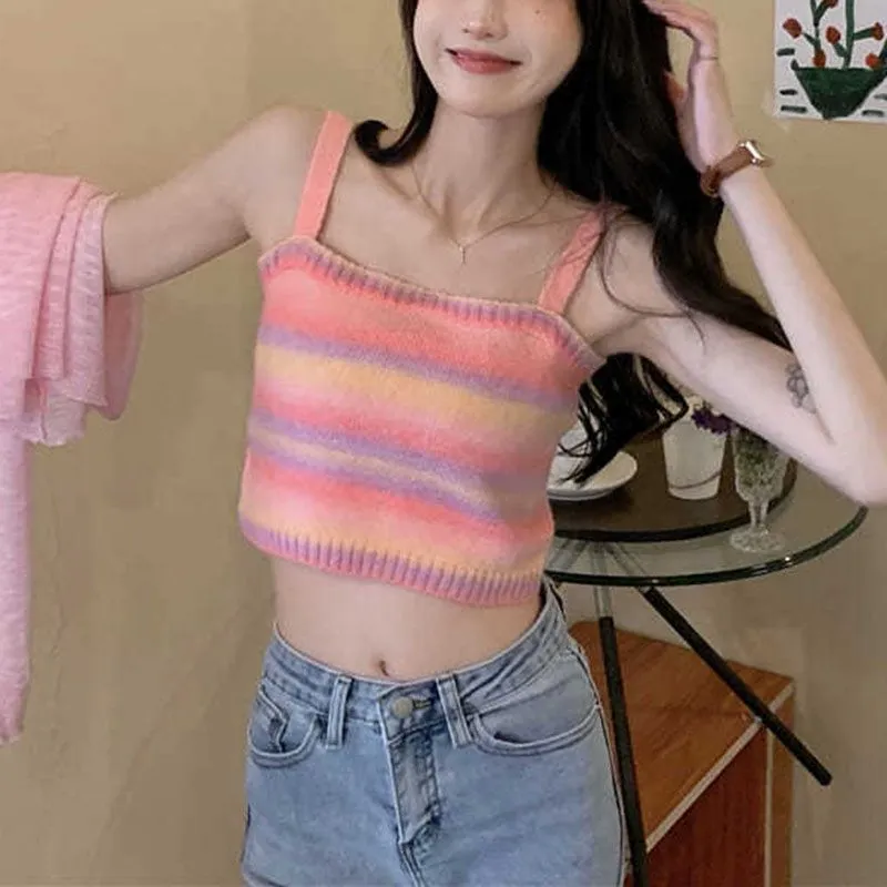 Ombre Knitted Tank Sweater Color Block Stripe Knit Sleeveless Summer Tops