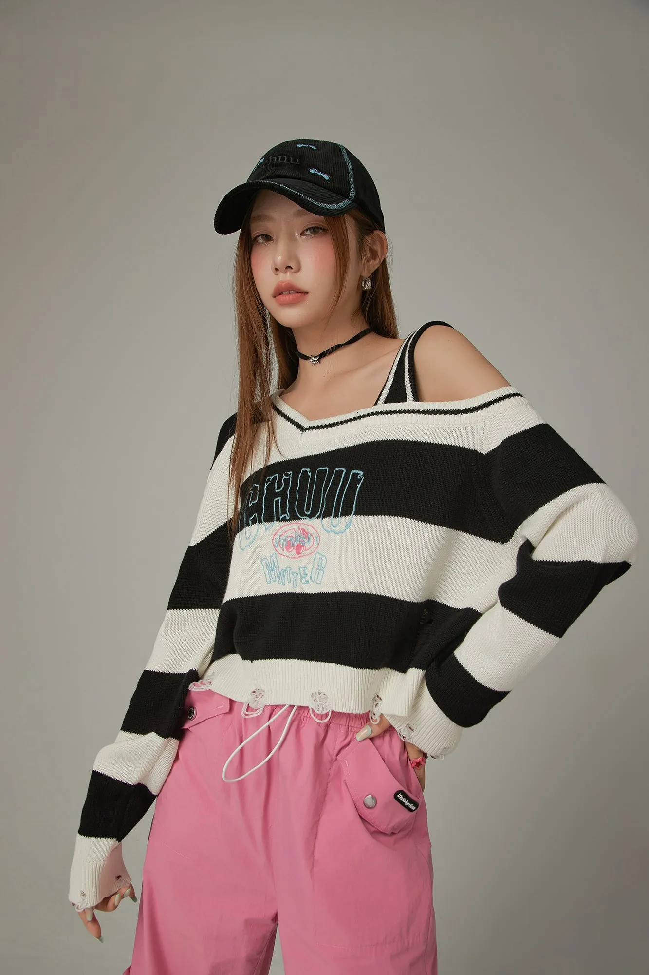 One Shoulder Cropped Loose Fit Knit Sweater