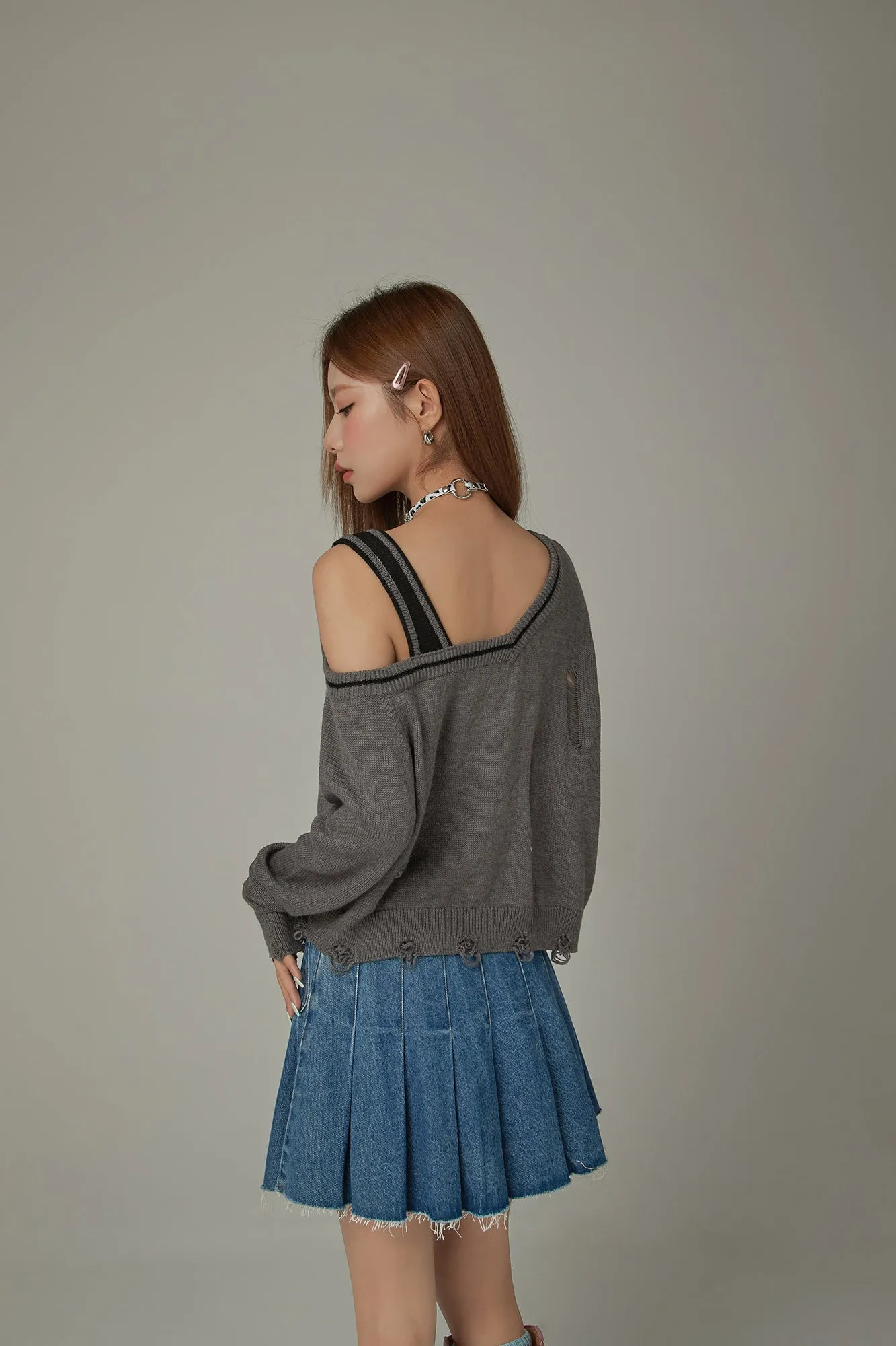 One Shoulder Cropped Loose Fit Knit Sweater