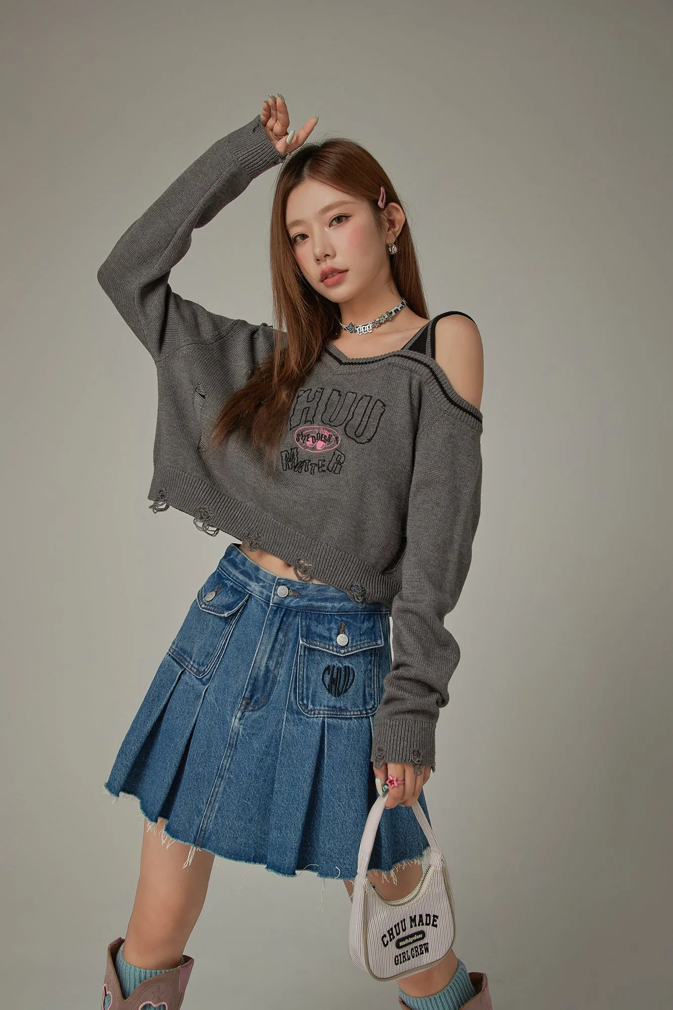 One Shoulder Cropped Loose Fit Knit Sweater