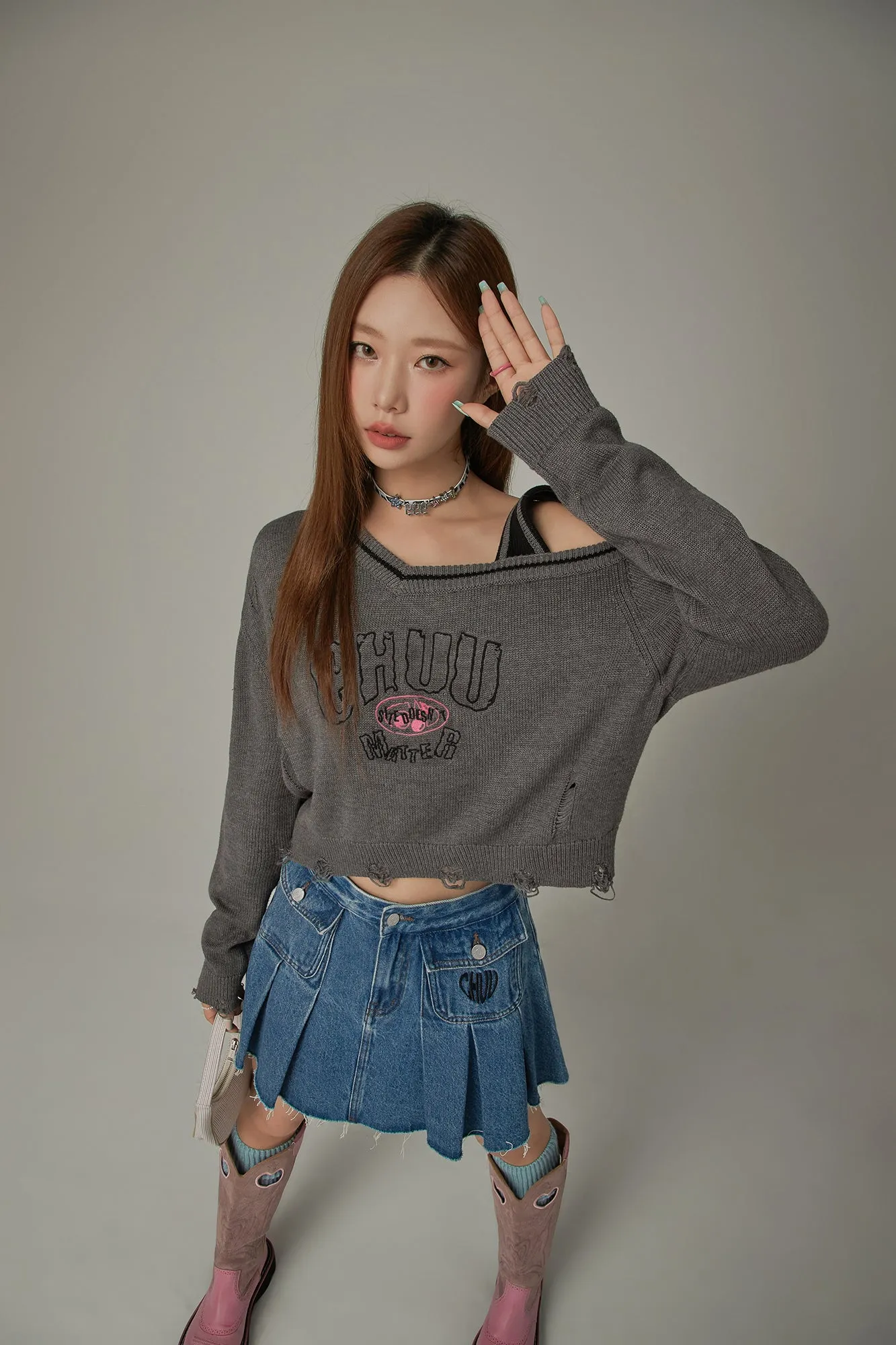 One Shoulder Cropped Loose Fit Knit Sweater