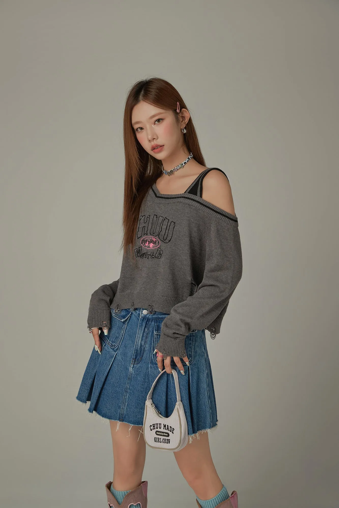 One Shoulder Cropped Loose Fit Knit Sweater