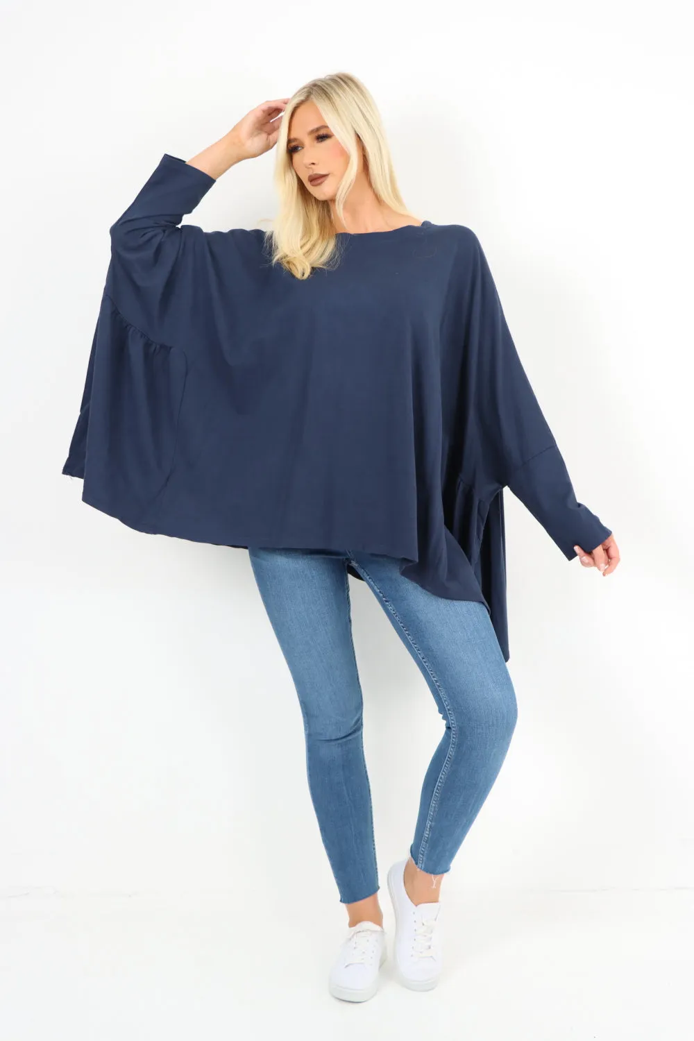 Oversized Round Neck Hanky Hem Tunic Top