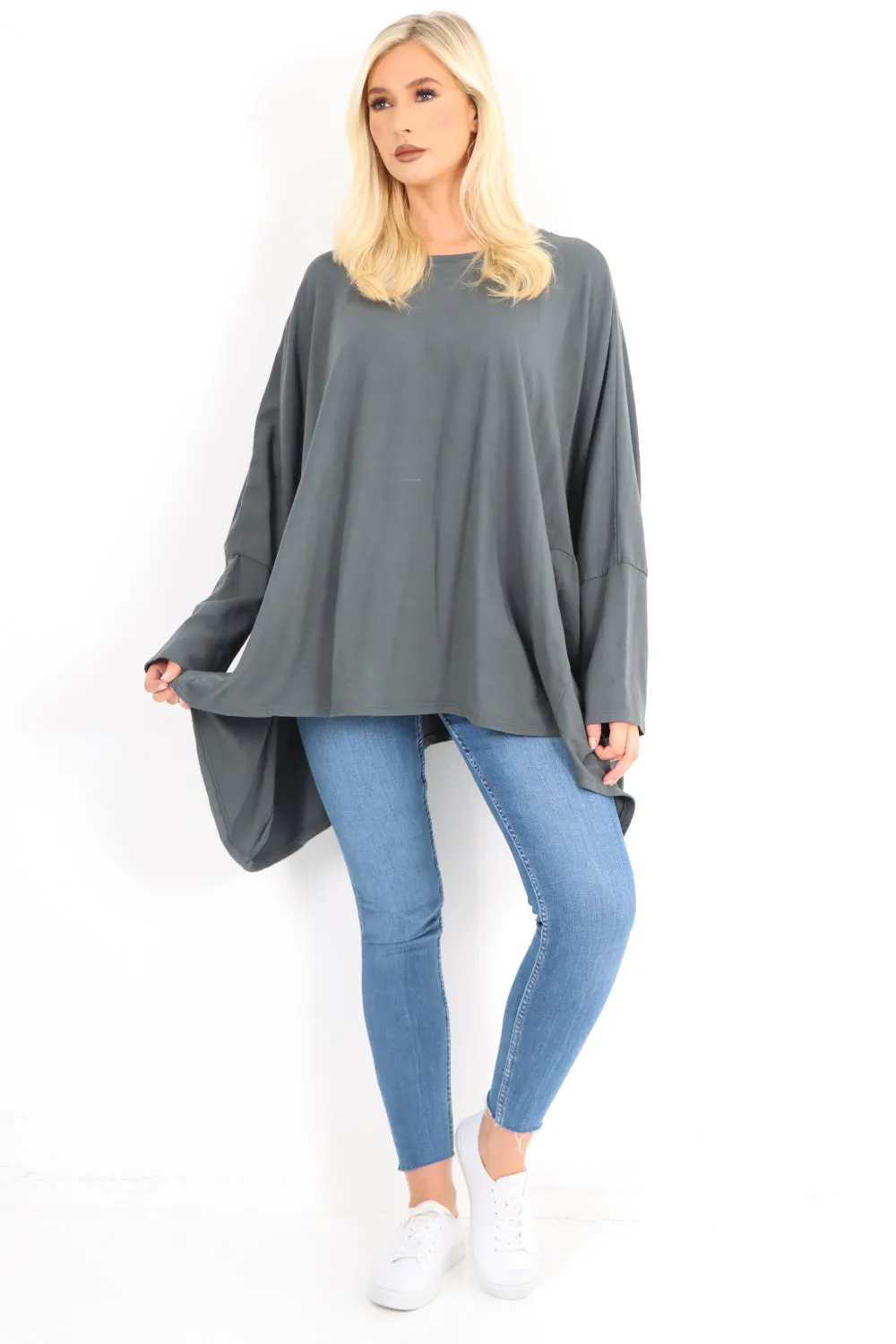 Oversized Round Neck Hanky Hem Tunic Top