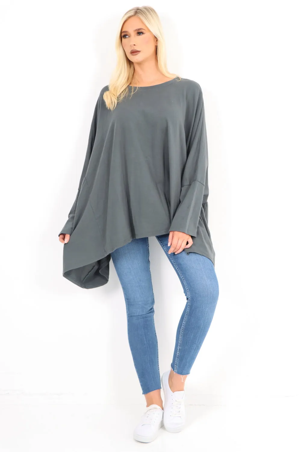 Oversized Round Neck Hanky Hem Tunic Top