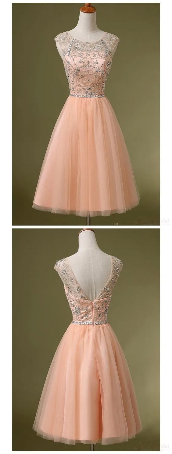 Peach Tulle Beaded Short Cute homecoming prom dresses, CM0031