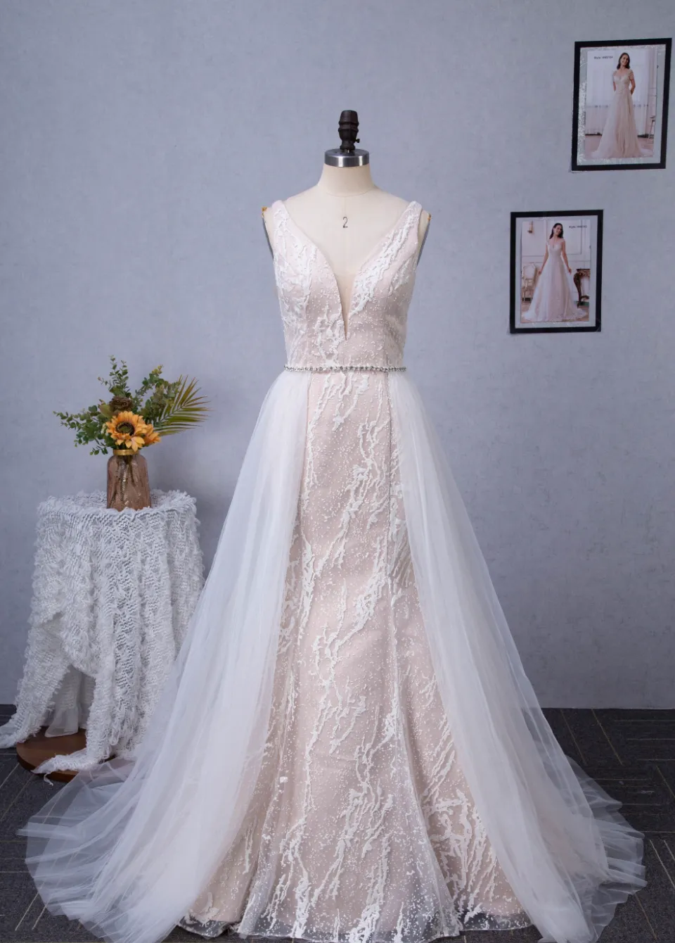 Plunging V-Neckline Trumpet Wedding Dress With Detachable Overskirt