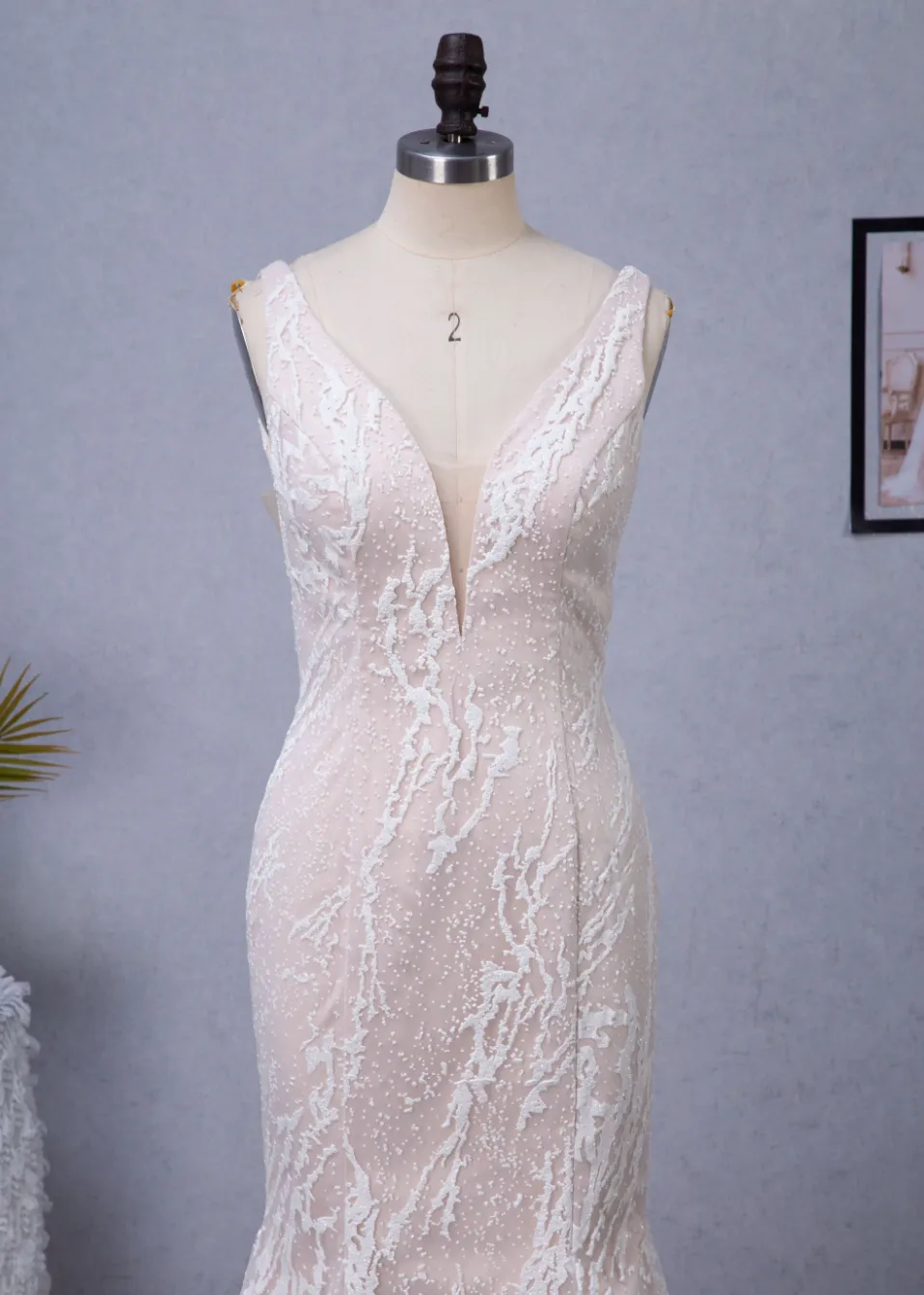 Plunging V-Neckline Trumpet Wedding Dress With Detachable Overskirt