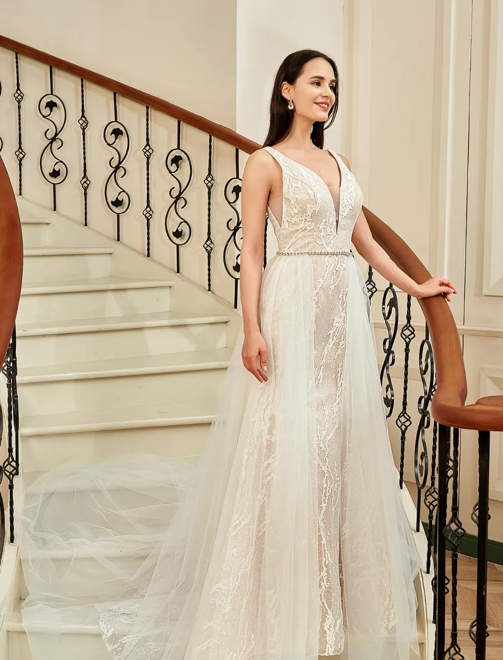 Plunging V-Neckline Trumpet Wedding Dress With Detachable Overskirt