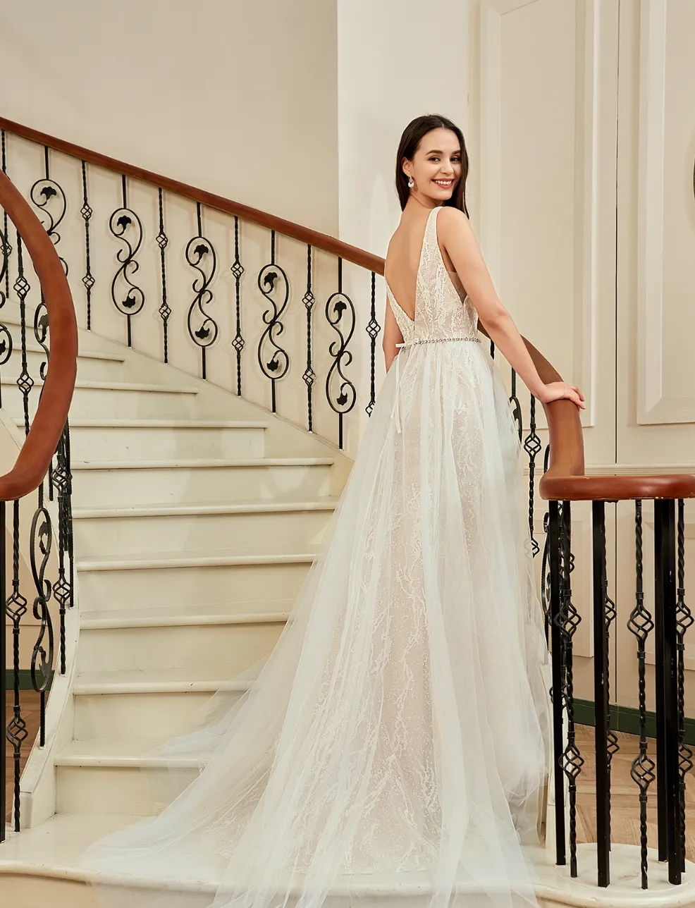 Plunging V-Neckline Trumpet Wedding Dress With Detachable Overskirt