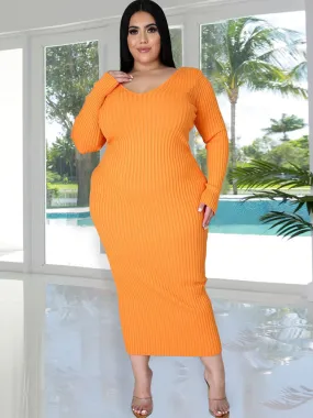 Plus Size Ribbed Long Sleeves Midi Dresses