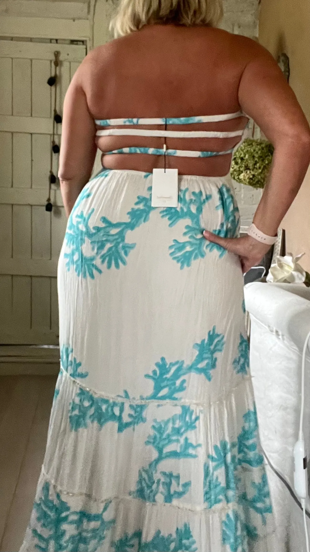 Positano backless maxi sundress with sequins coral detail in white and turquoise