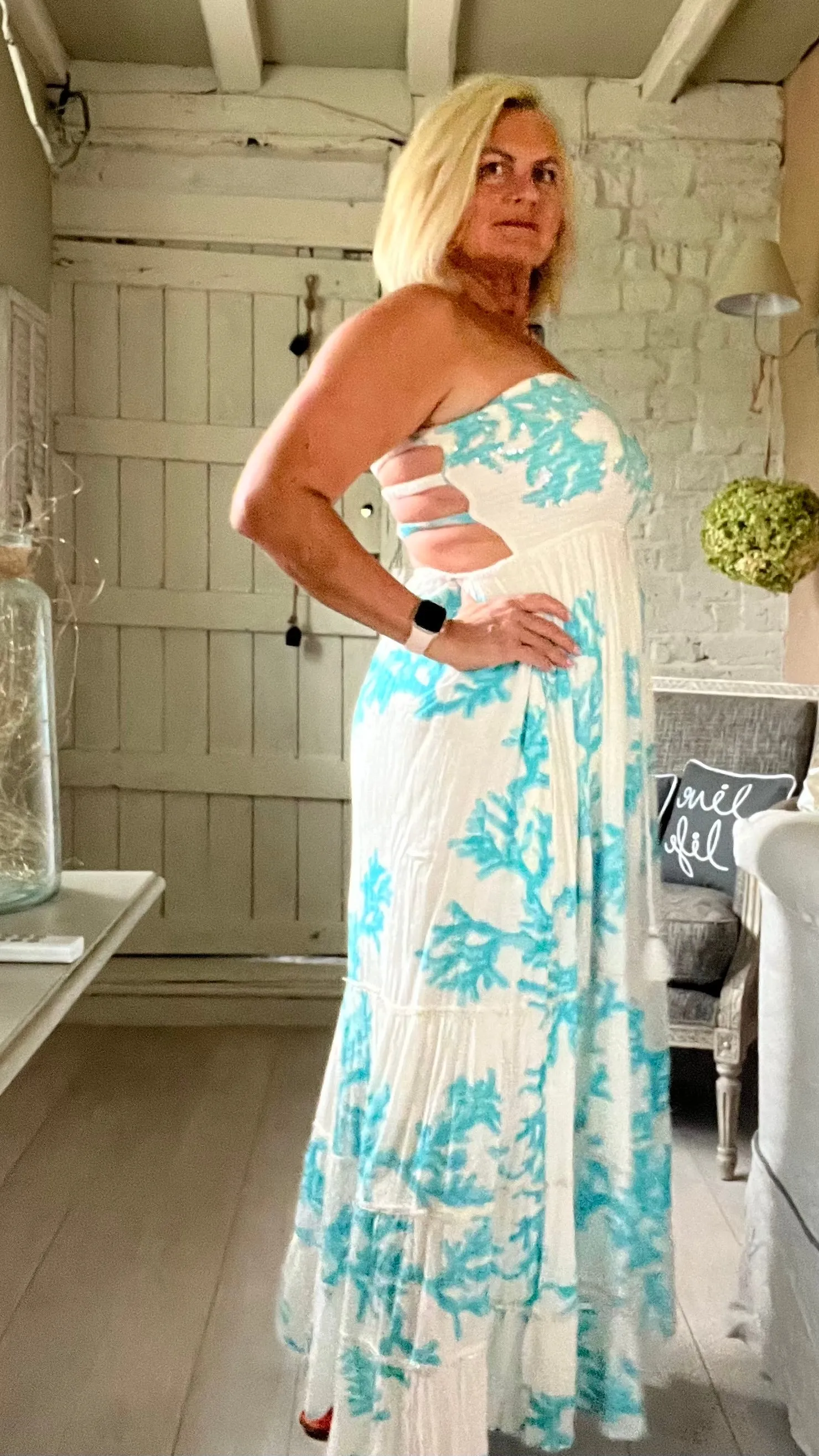 Positano backless maxi sundress with sequins coral detail in white and turquoise