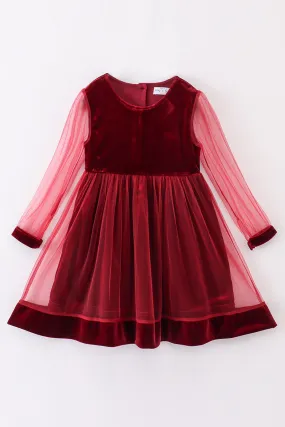 Premium Maroon velvet ruffle girl dress