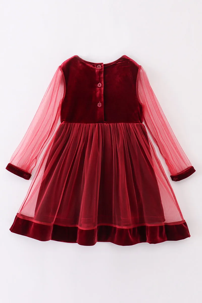 Premium Maroon velvet ruffle girl dress