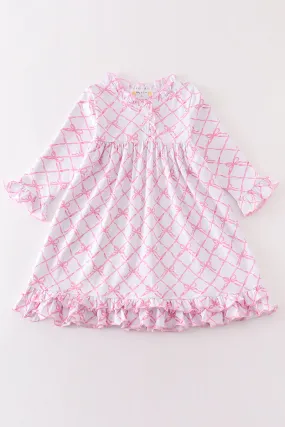 Premium Pink bow tie print ruffle pajamas dress