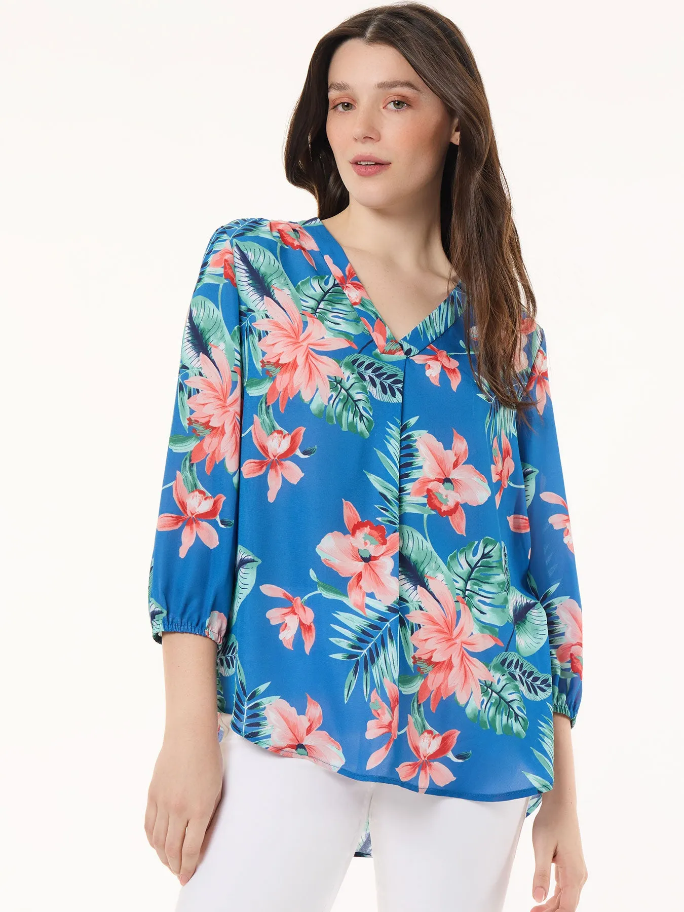 Printed V-Neck Kelly Blouse, Crepe de Chine