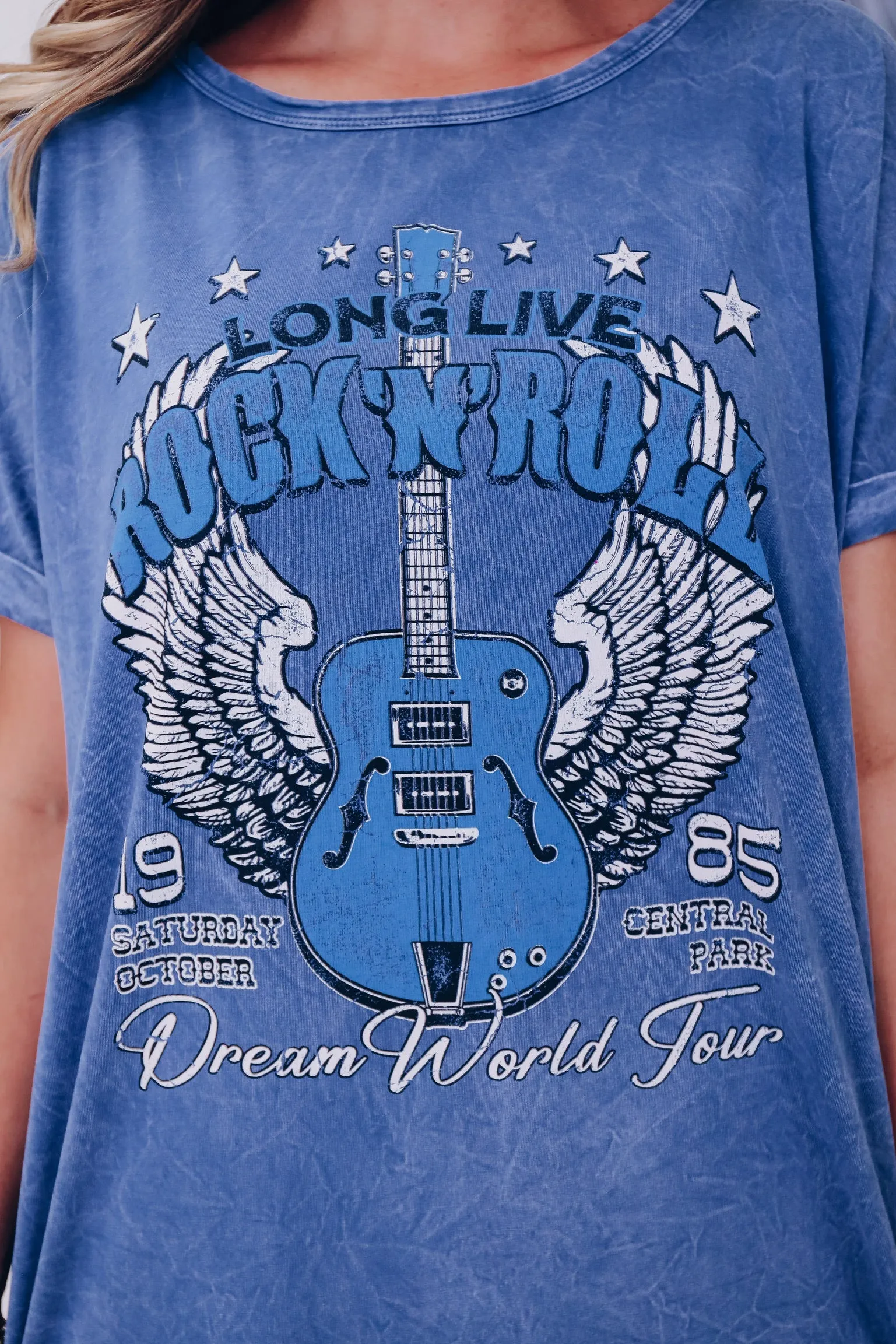 "Rock N Roll" Graphic T-Shirt Dress - Mineral Blue