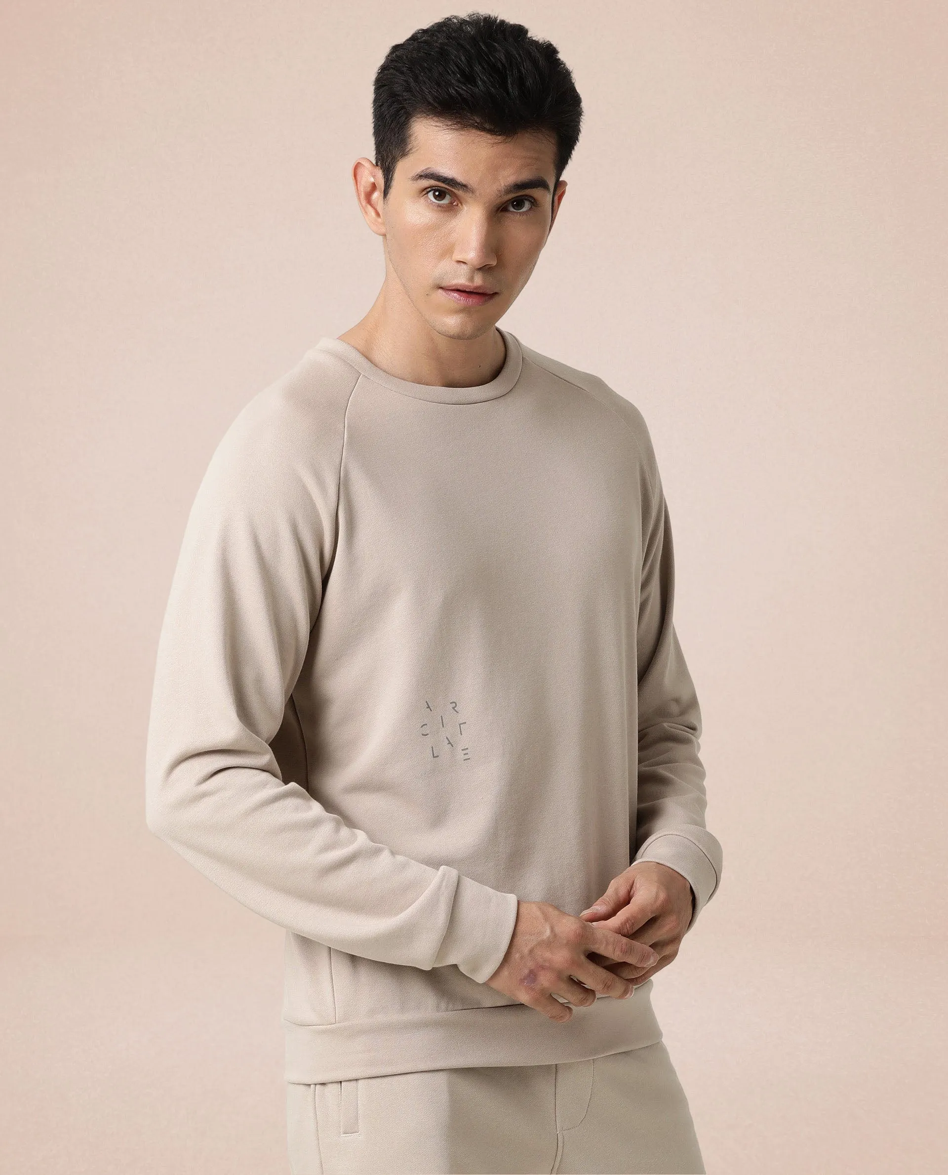 Rare Rabbit Articale Men's Arum Sand Beige Cotton Fabric Full Sleeves Solid Sweatshirt