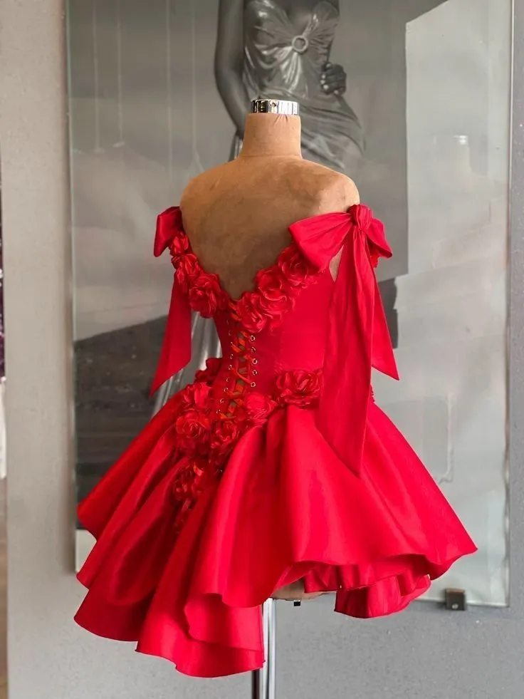 Red Cocktail Party Dress with 3D Flowers Off The Shoulder Elegant Evening Gown for Women      fg6589