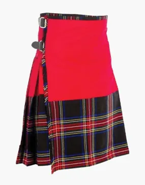 RED COTTON HYBRID KILT WITH BLACK STEWART TARTAN