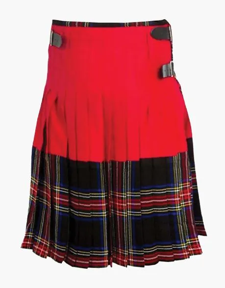 RED COTTON HYBRID KILT WITH BLACK STEWART TARTAN