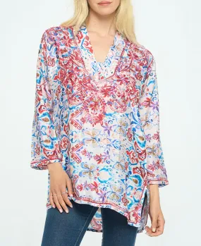 Red Embroidered Printed V Neck Tunic Top